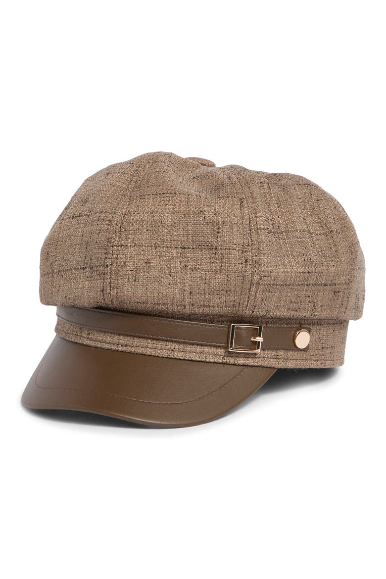 Tweed & Faux Leather Newsboy Cap, Main, color, BROWN
