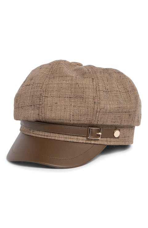 Tweed & Faux Leather Newsboy Cap