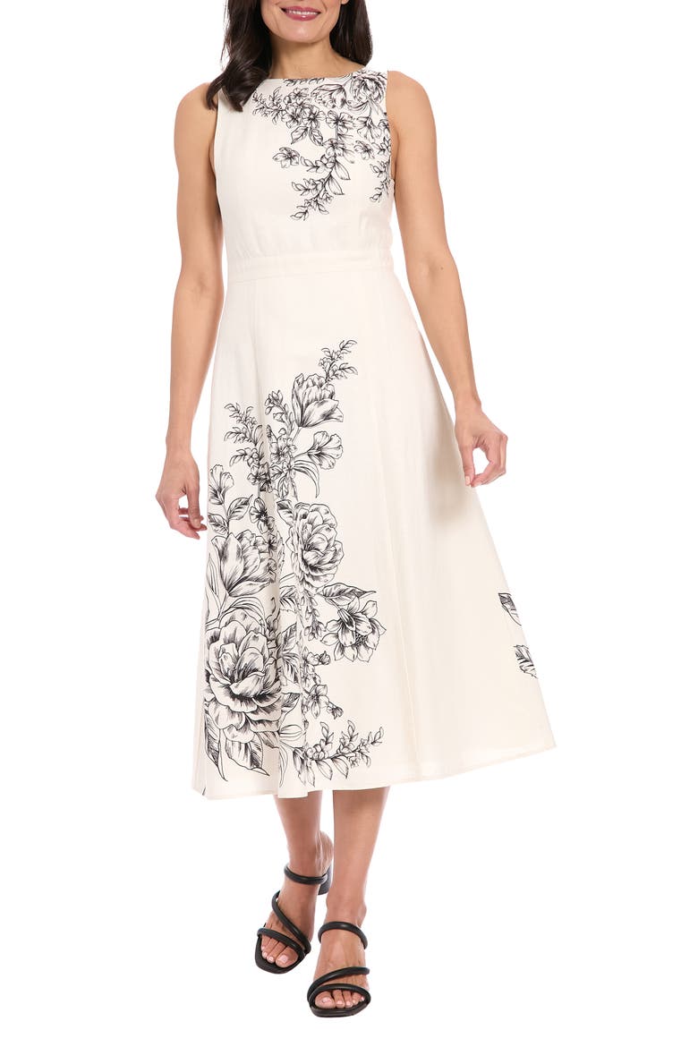 Placement Print Midi Dress, Main, color, CREAM/ BLACK