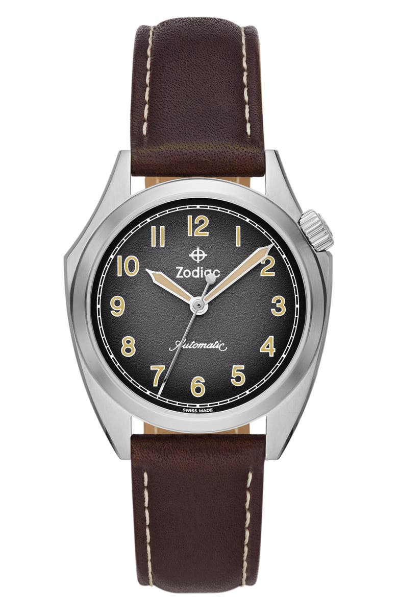 Zodiac Field Olympos Automatic Leather Watch, 40mm, Main, color, Brown