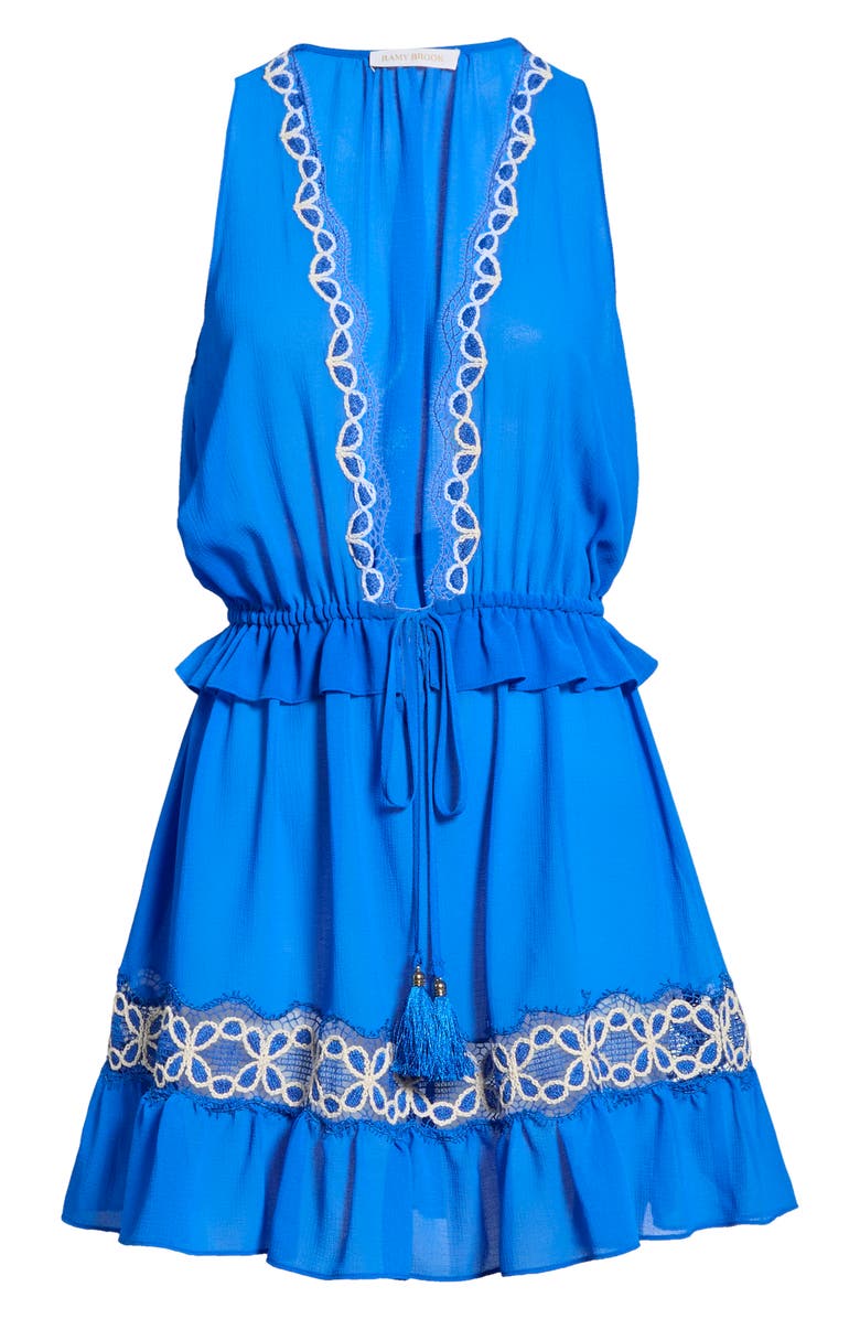 Ramy Brook Gwendolyn Lace Trim Cover-Up Minidress, Alternate, color, Ocean