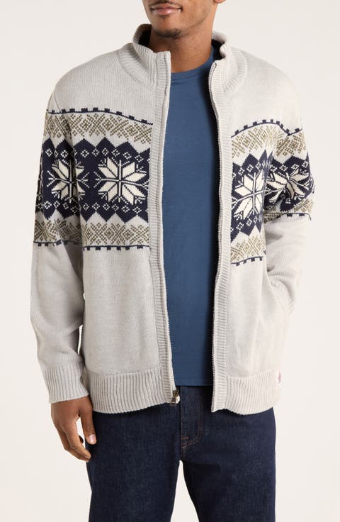 Nordic Jacquard Faux Shearling Lined Full Zip Sweater