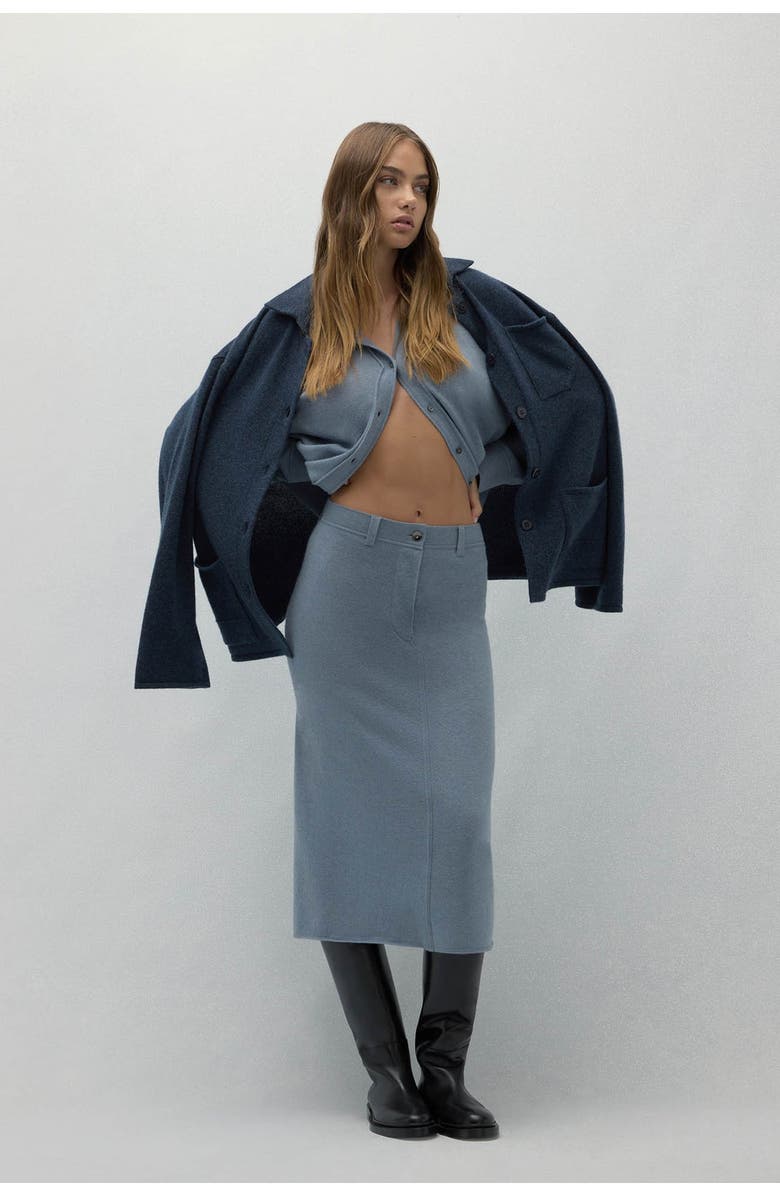 NAKED CASHMERE Venice Denim Cashmere Midi Skirt, Main, color, Stonewash