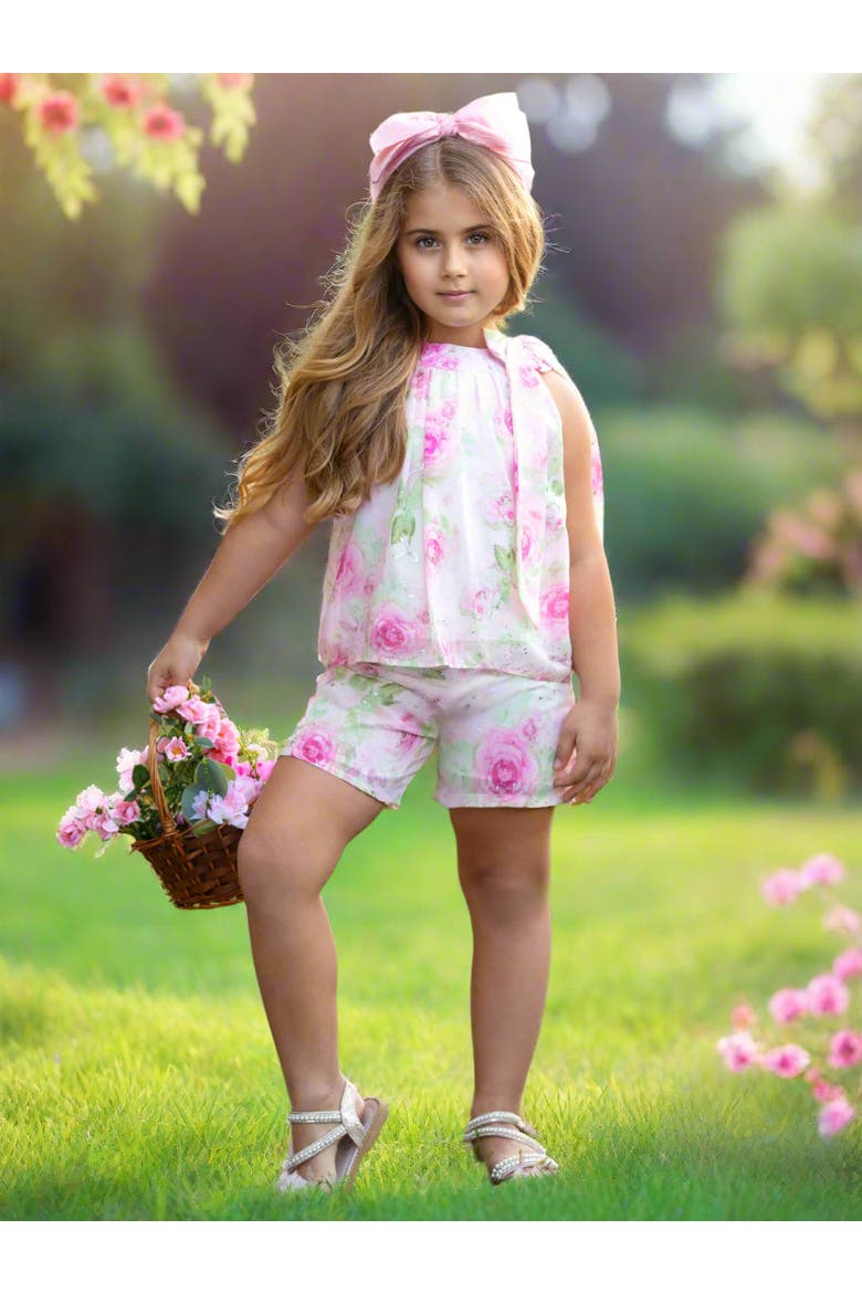 Girls Blooming Blush Floral Chiffon Top and Short Set, Alternate, color, Pink