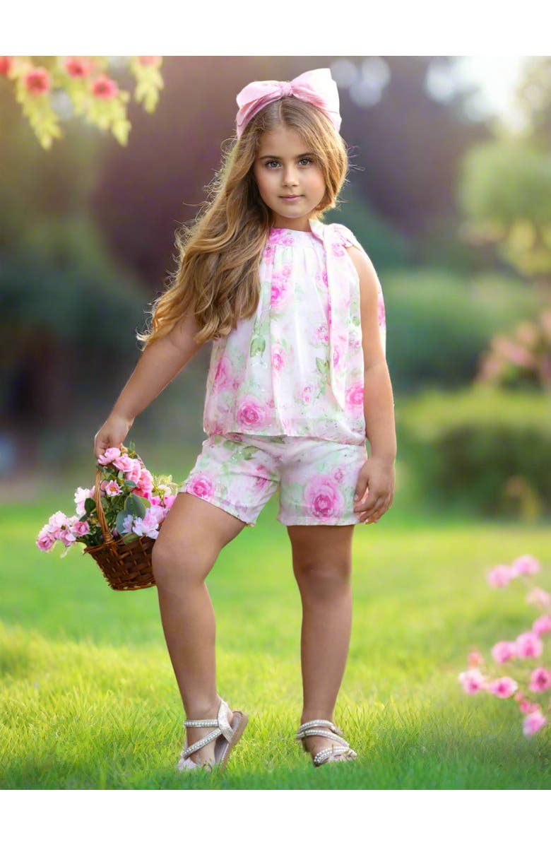 Mia Belle Girls Girls Blooming Blush Floral Chiffon Top and Short Set, Alternate, color, Pink