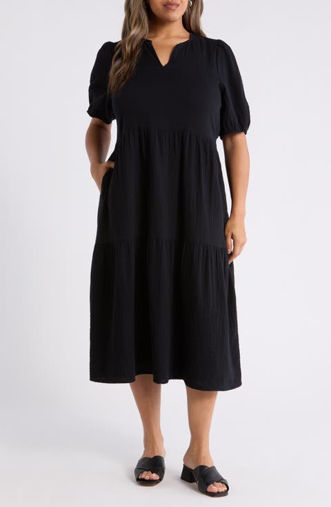Puff Sleeve Cotton Gauze Midi Dress (Plus)