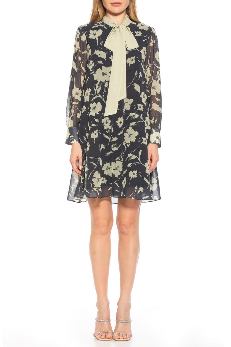 Drop Waist Tie Neck Long Sleeve Dress, Main, color, BLACK WHITE FLORAL