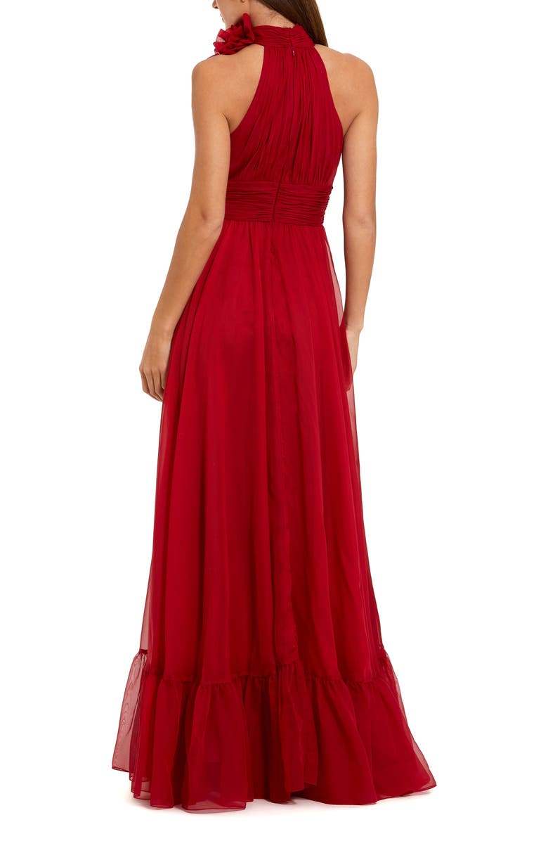Mac Duggal Sleeveless Mock Neck Chiffon Gown With 3D Flower, Alternate, color, Deep Red
