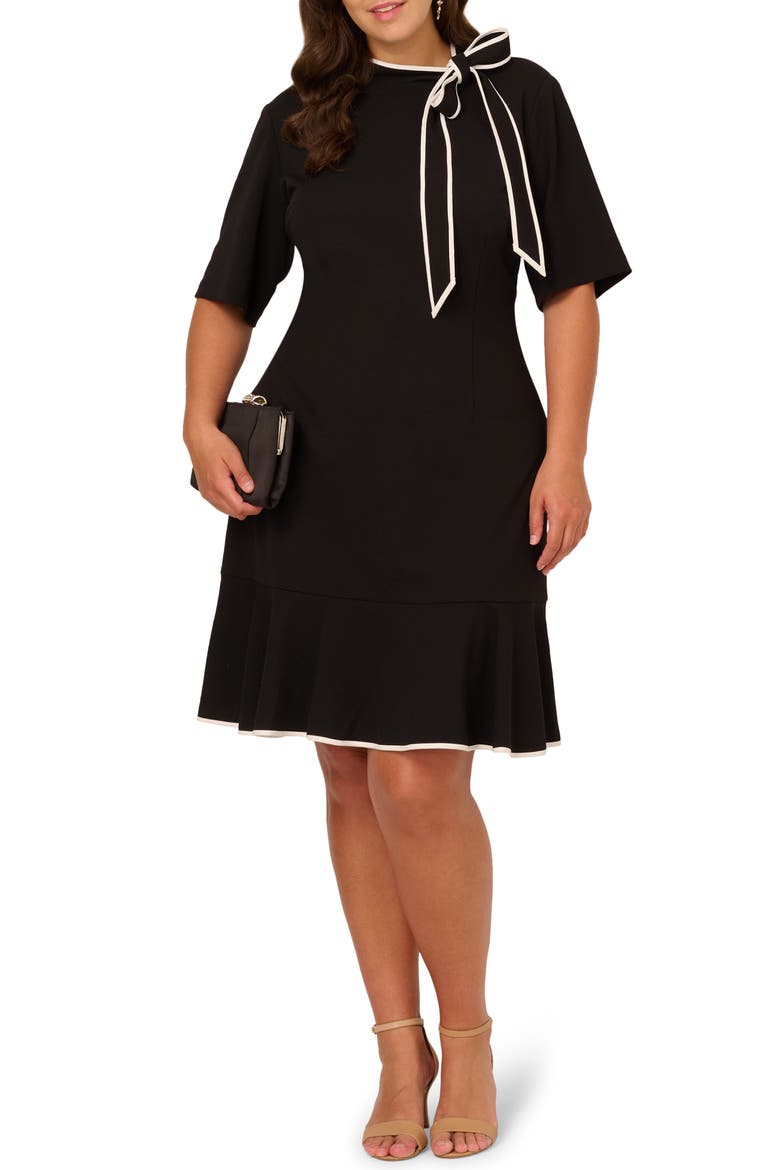 Tie Neck Crepe Dress, Main, color, BLACK/ IVORY