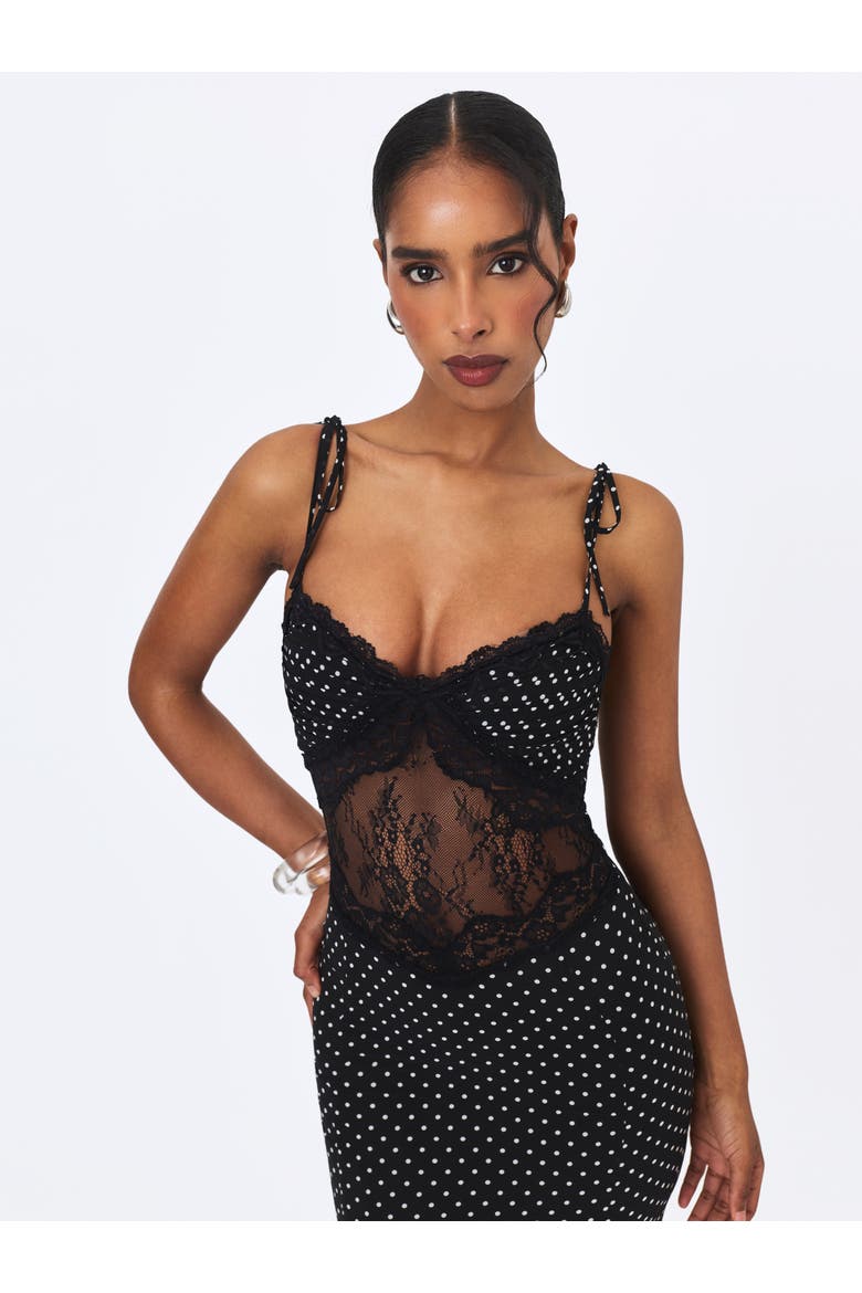Zehra Chiffon Lace Cutout Mermaid Midi Dress, Alternate, color, Black