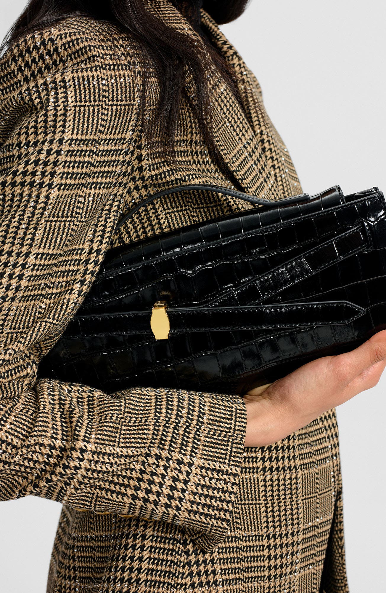 Veronica Beard Dash Croc Embossed Leather Shoulder Bag, Alternate, color, Black