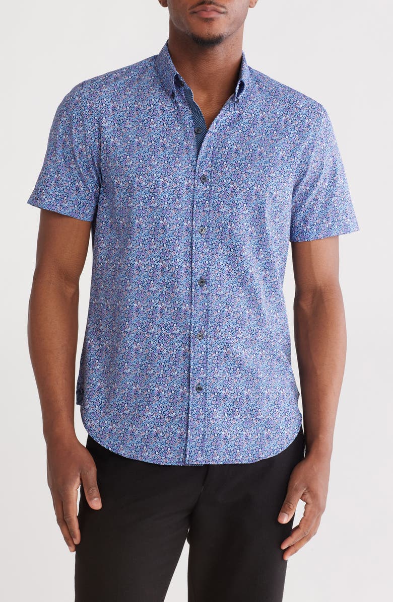 CONSTRUCT Slim Fit Floral Short Sleeve Stretch Button-Down Shirt, Main, color,