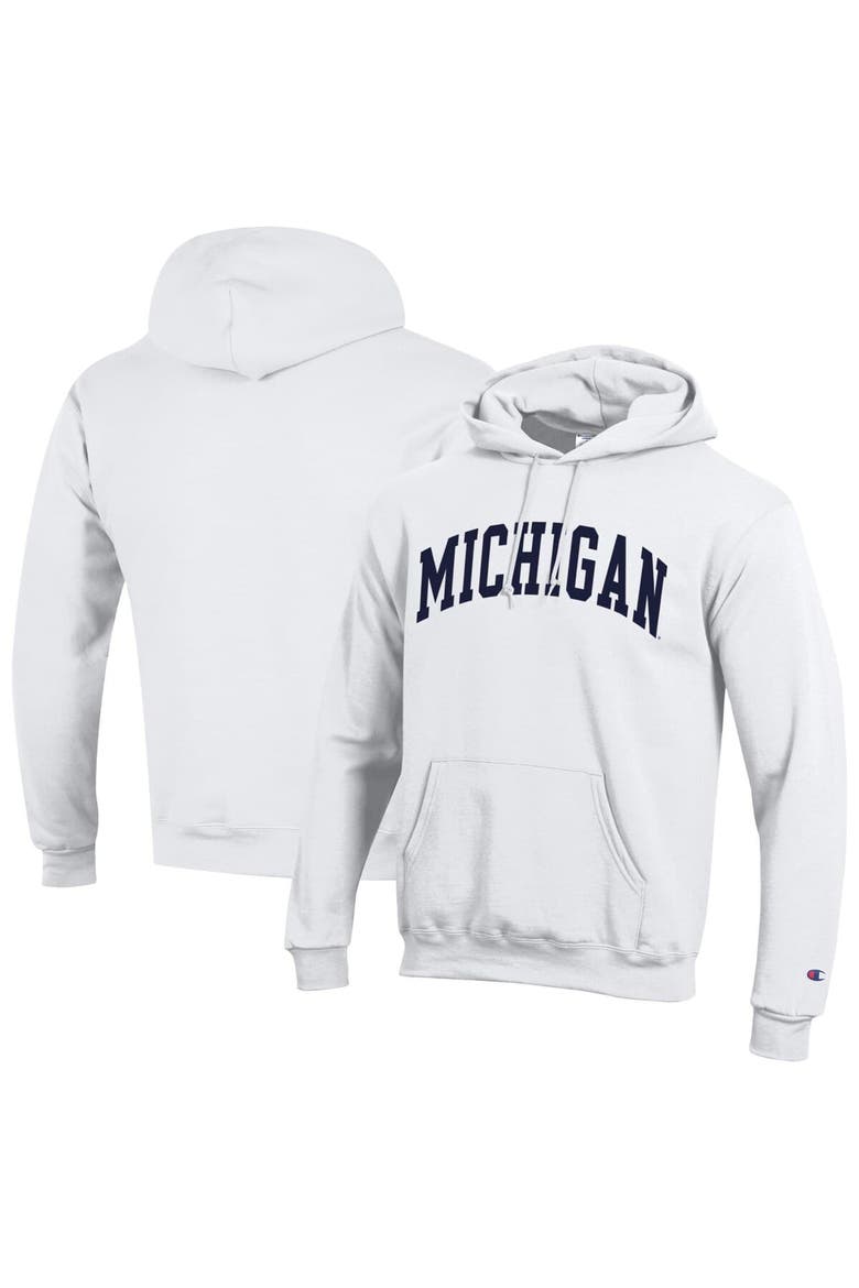 Men's Champion  White Michigan Wolverines Basic Arch Fleece Pullover Hoodie, Alternate, color, White