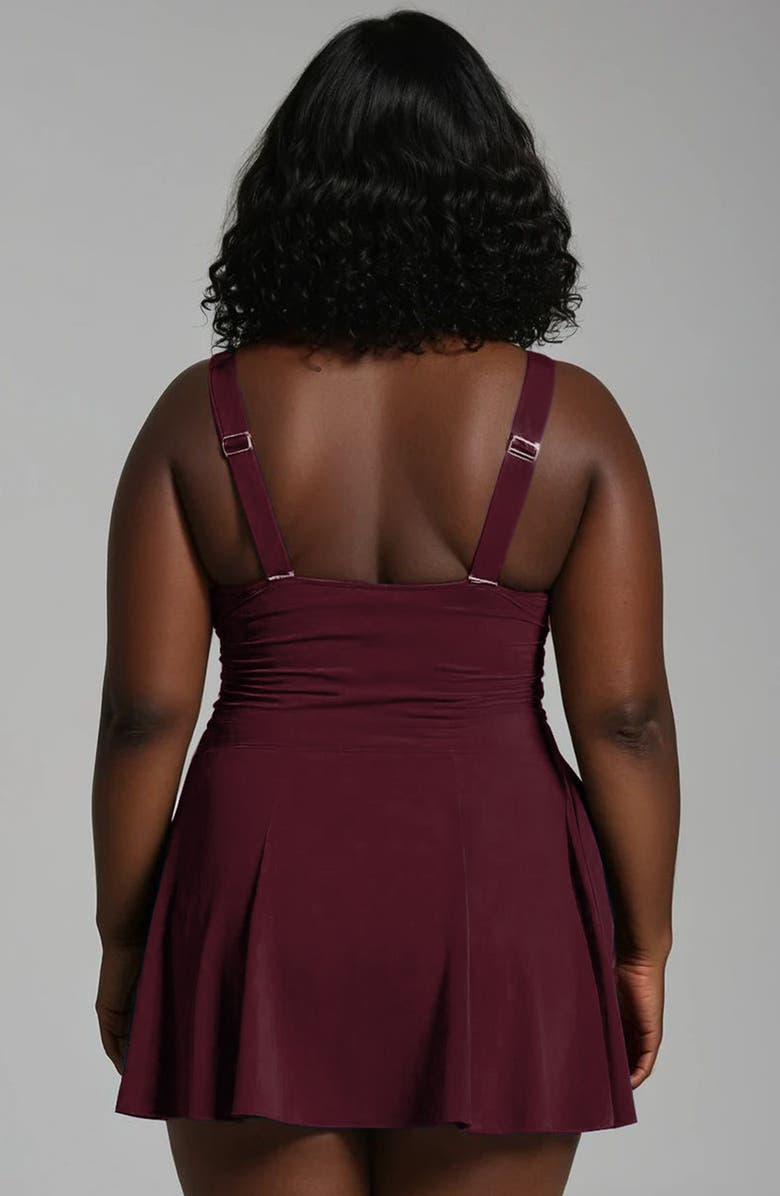 Calypsa Plus Size Hayley Tankini-Style Swim Dress With Adjustable Straps and Hidden Bikini Bottoms, Alternate, color, Wine