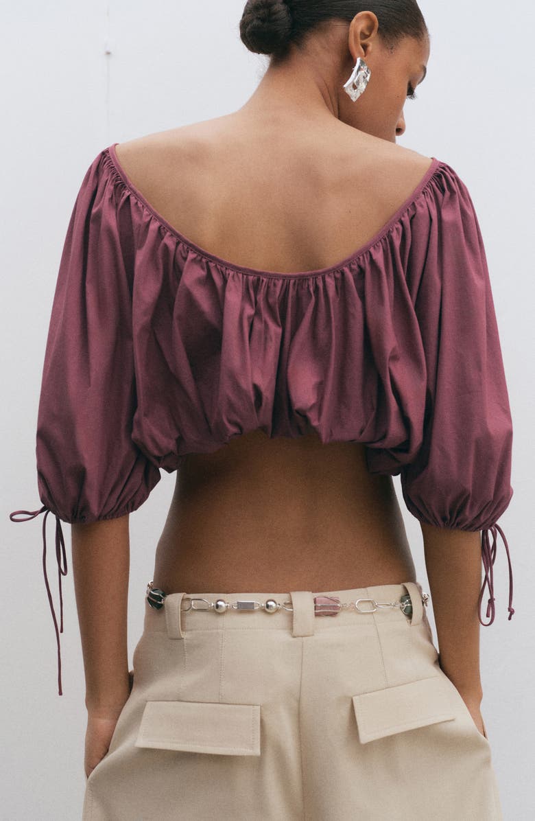 MANGO Blusa Bambino Puff Sleeve Crop Cotton Blend Top, Alternate, color, Cherry