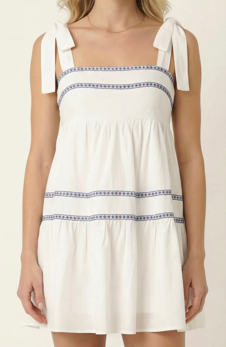 Modenaire Sleeveless Tiered Mini Dress with Embroidered Trim and Tie Straps, Alternate, color, White / Blue / Red