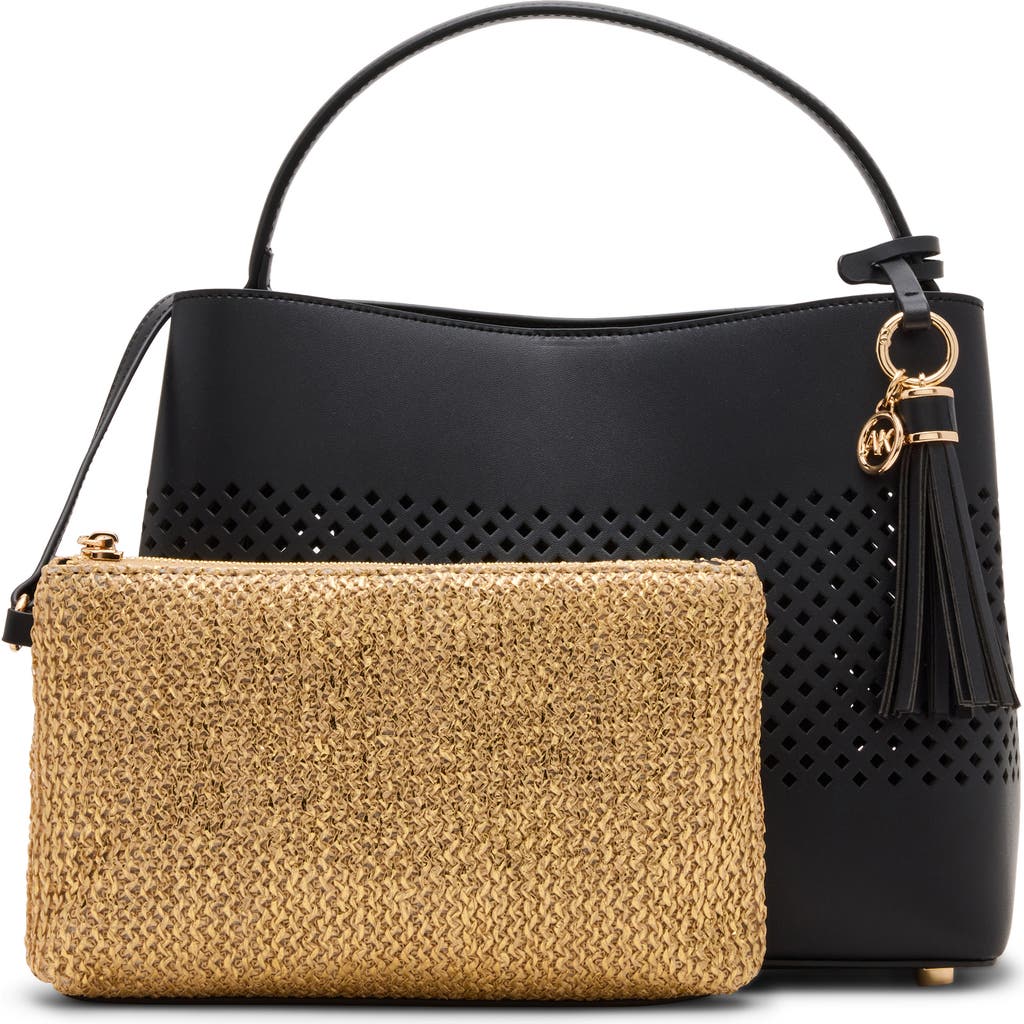 Shop Anne Klein Perforated Satchel In Black/black/metallic Gold
