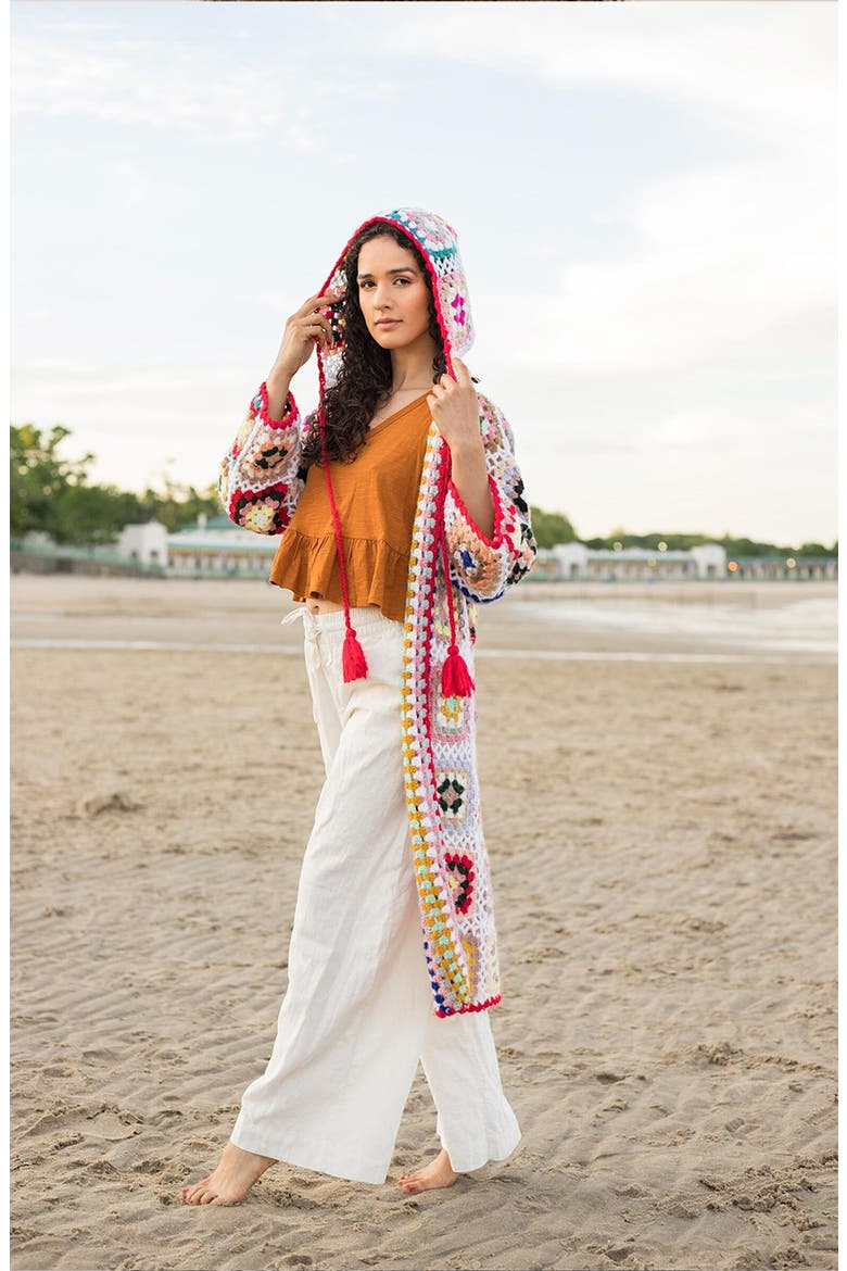 Hooded Square Crochet Ruana, Alternate, color, WHITE COMBO