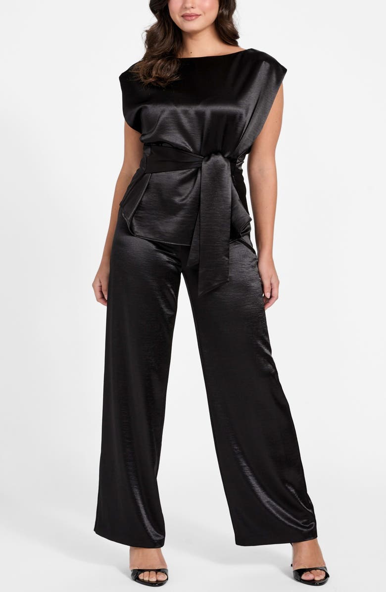 GUESS Julie High Waist Satin Pants, Alternate, color, Black-Black