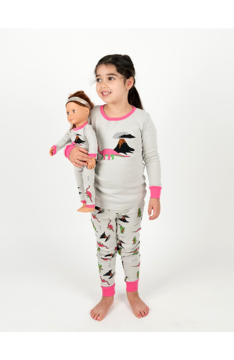 Leveret Girls 2-pc. Cotton Pajamas with Matching Doll Accessory - Unicorn & Fantasy Prints, Alternate, color, Dinosaur Gray
