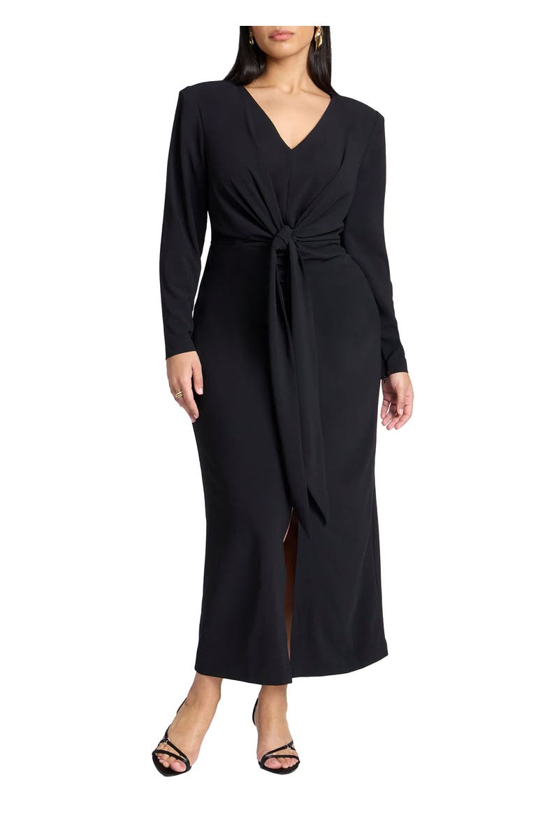 ELOQUII Shirred Strong Shoulder Tie Detail Dress, Main, color, Black Onyx