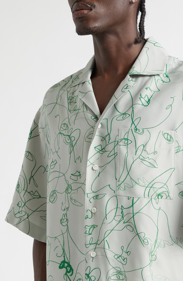 Bottega Veneta Doodle Print Twill Short Sleeve Button-Up Shirt, Alternate, color, 1382 Pearl Grey/ Grass