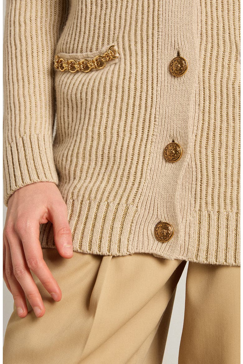 Chain Detail Wool Blend Rib Cardigan, Alternate, color, LAMBS WOOL/ GOLD