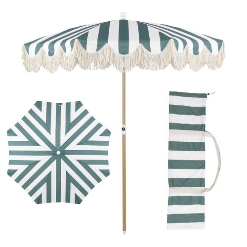Jonathan Y Mariner 6.5 Ft. Classic Cottage Fringe Tassel Market Beach Umbrella With Push Button Tilt In White