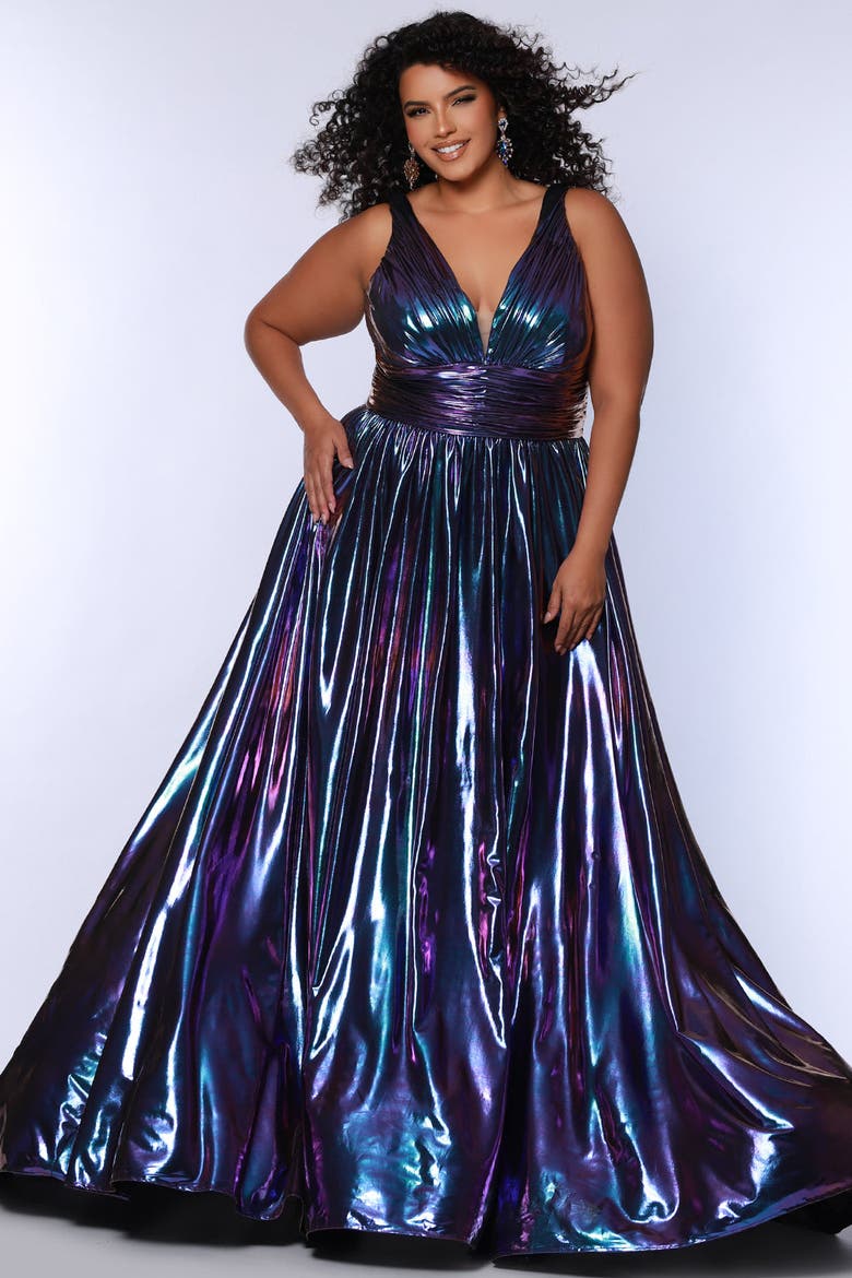 Bra-Friendly V-Neckline Plus Size A-Line Formal Gown, Alternate, color, Prism