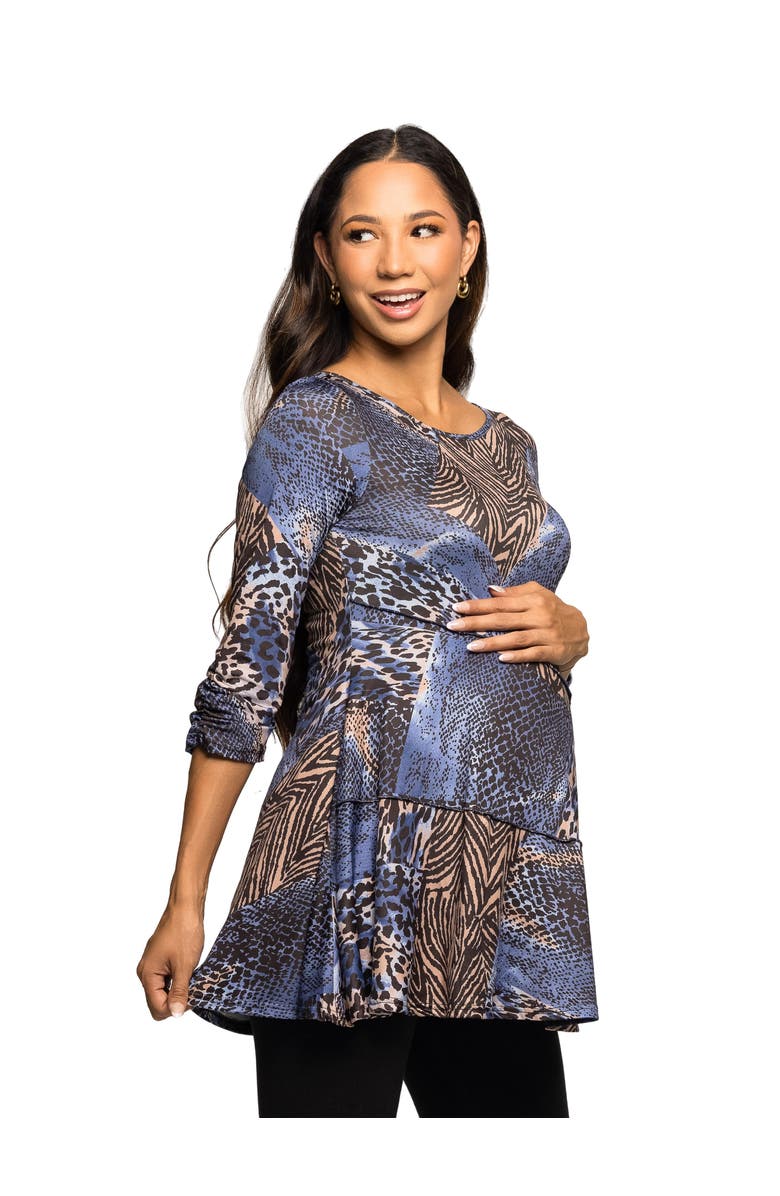 24seven Comfort Apparel Maternity Essential Animal Print Three Quarter Sleeve Tunic Top, Alternate, color, Blue Multi