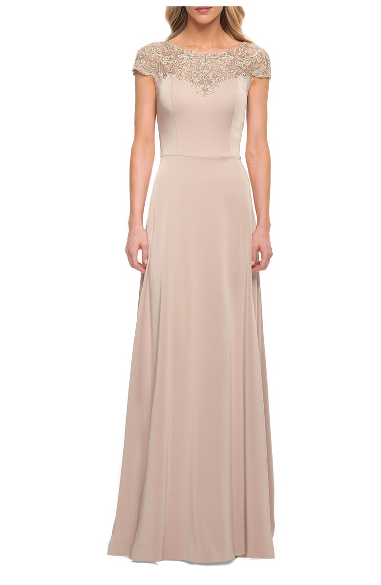 La Femme Jersey Gown with Full Skirt and Lace Detail Top, Main, color, Champagne