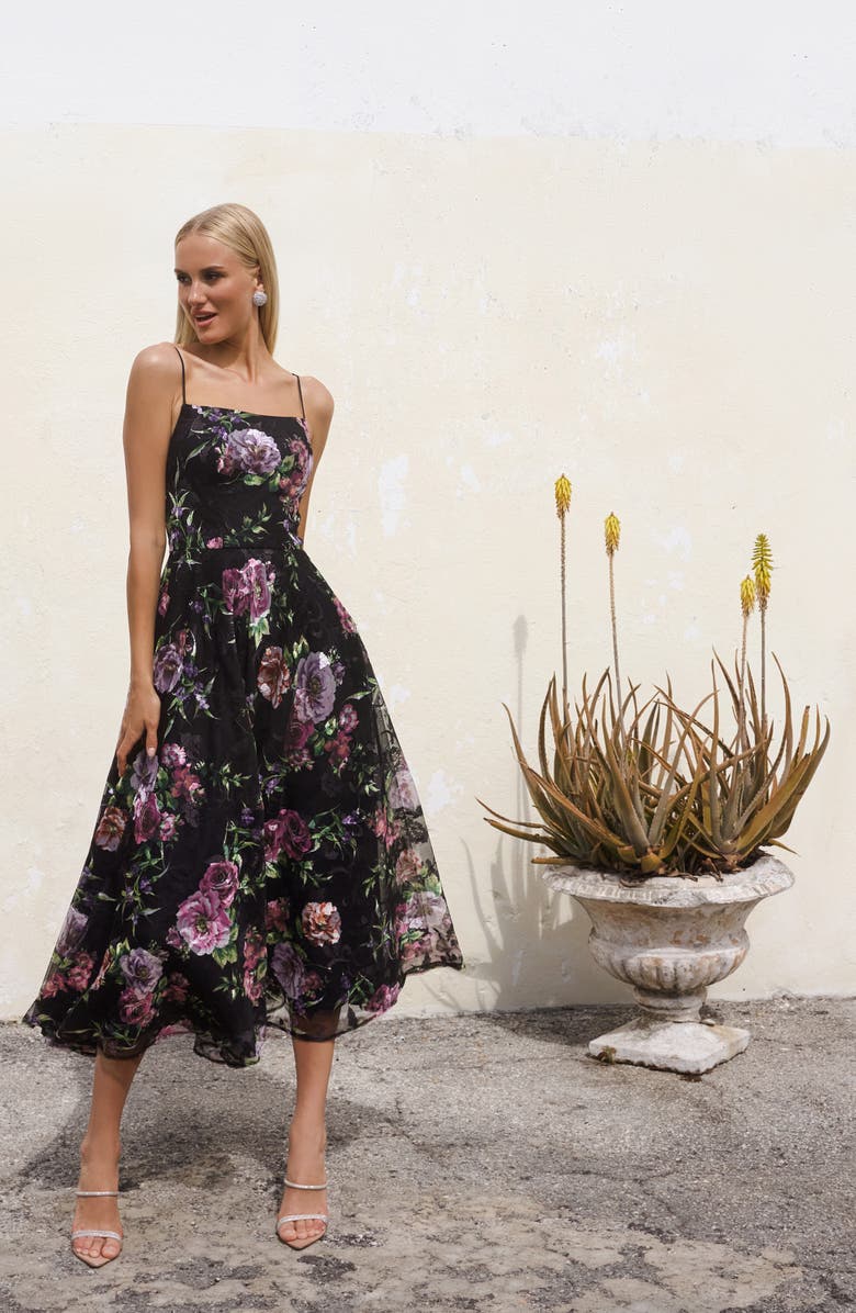 Betsy & Adam Print Embroidered Sleeveless Gown, Alternate, color, Black/Plum