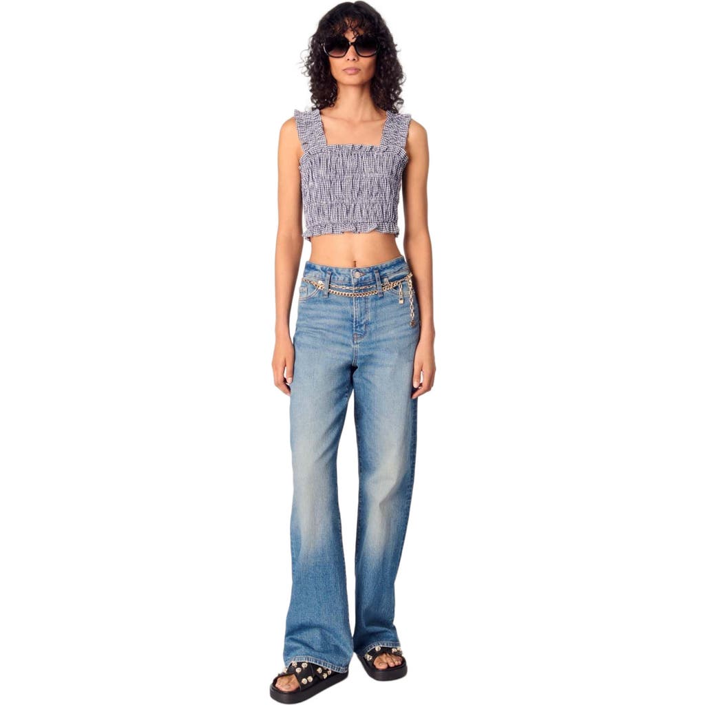 Maje Womens Gingham-print Sleeveless Smocked Crop Top Bicolore In Navy/white