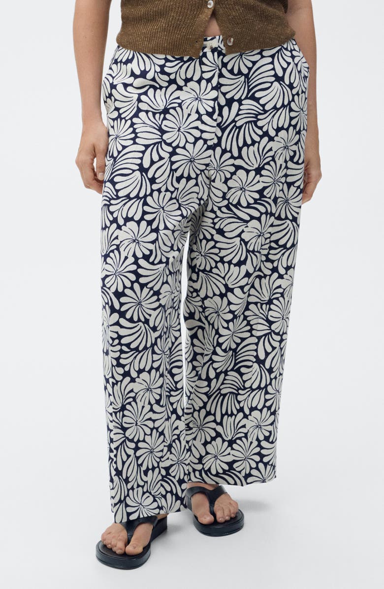MANGO Coco Print Linen Blend Wide Leg Pants, Alternate, color, Ecru