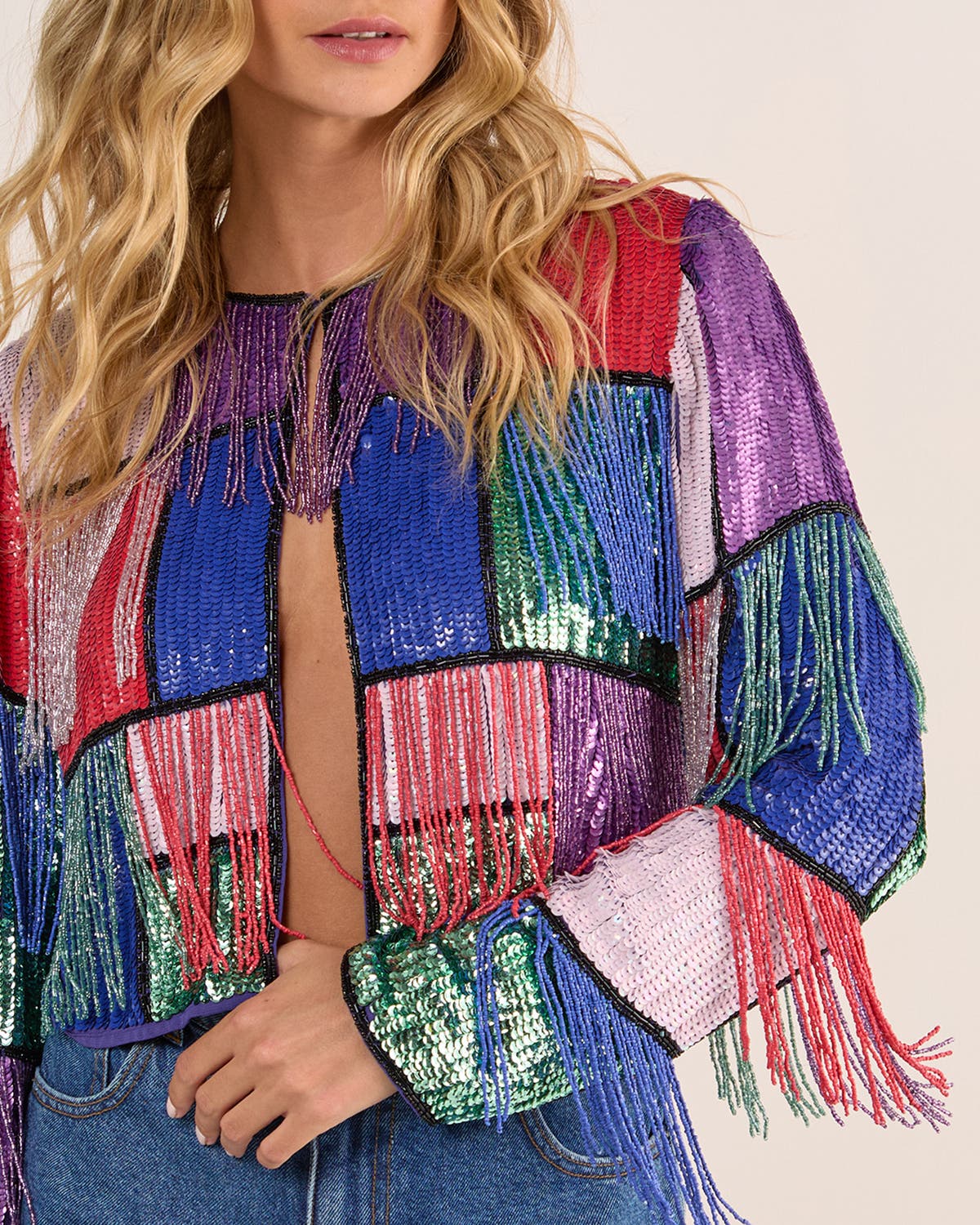 Colour Block Check Tassel Sequin Jacket (Women) | Nordstrom