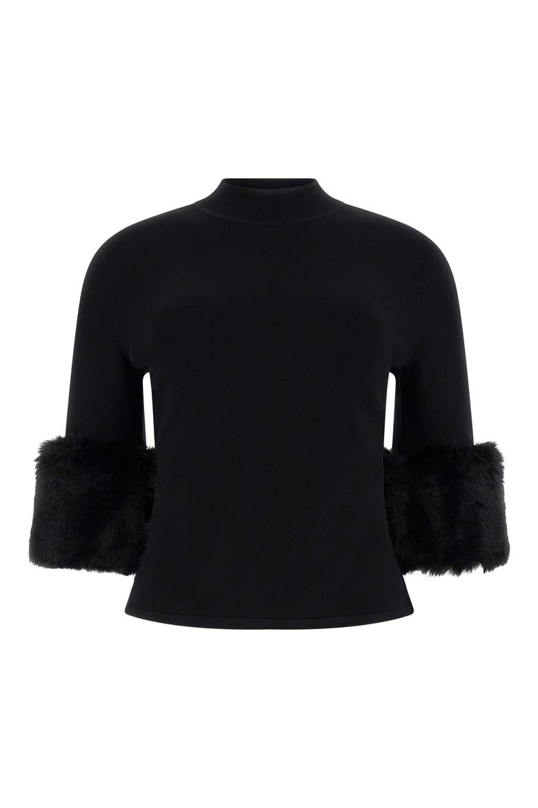 Faux Fur Cuff Festive Sweater, Alternate, color, JET BLACK-BLACK