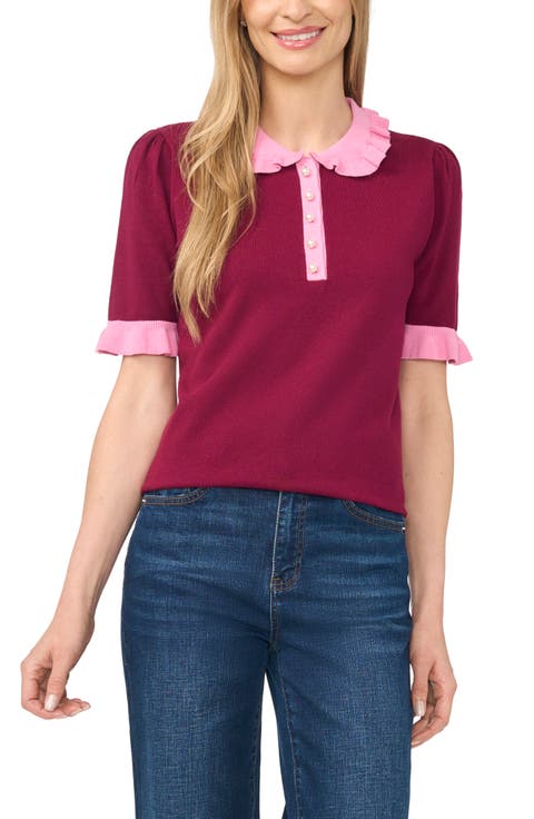 Contrast Trim Short Sleeve Polo Sweater