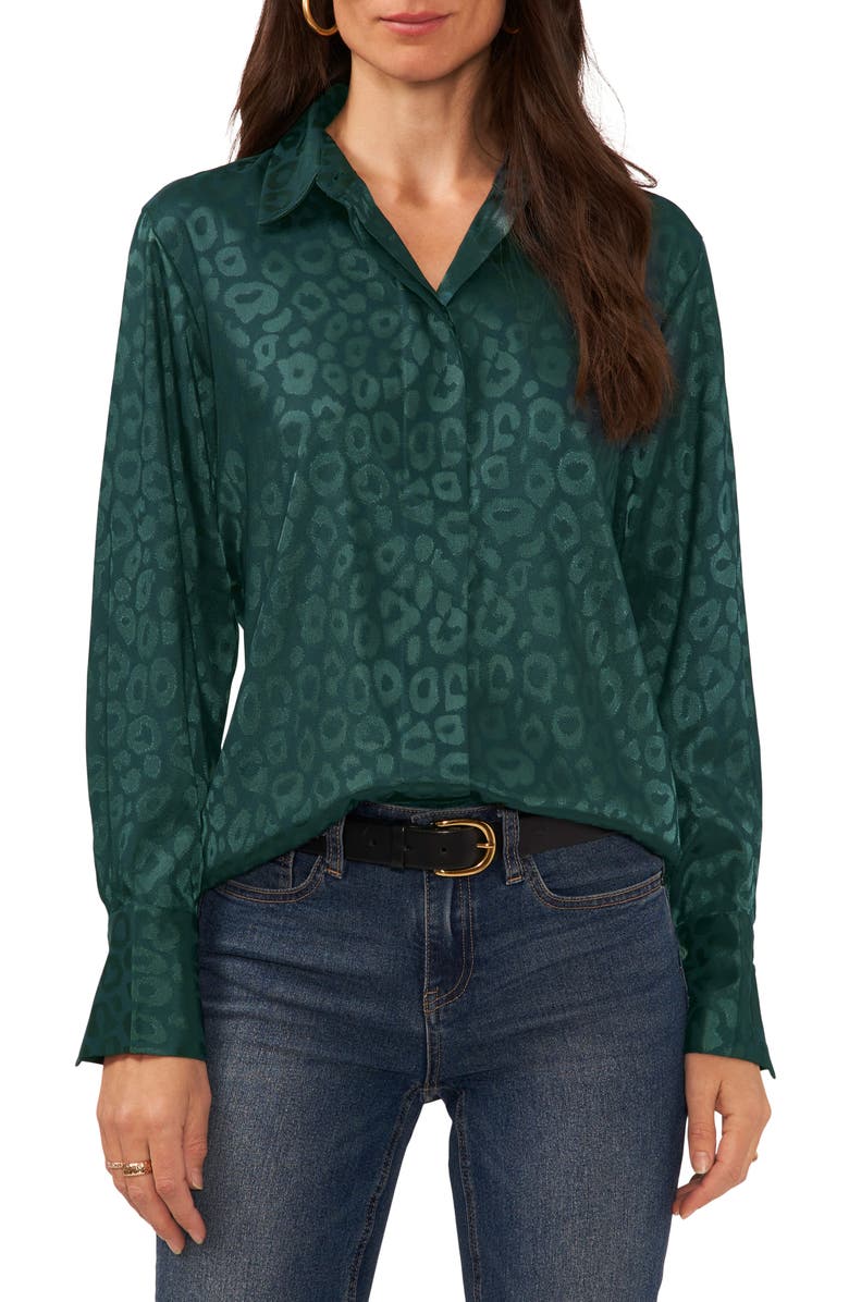 Vince Camuto Leopard Print Satin Button-Up Shirt, Main, color,