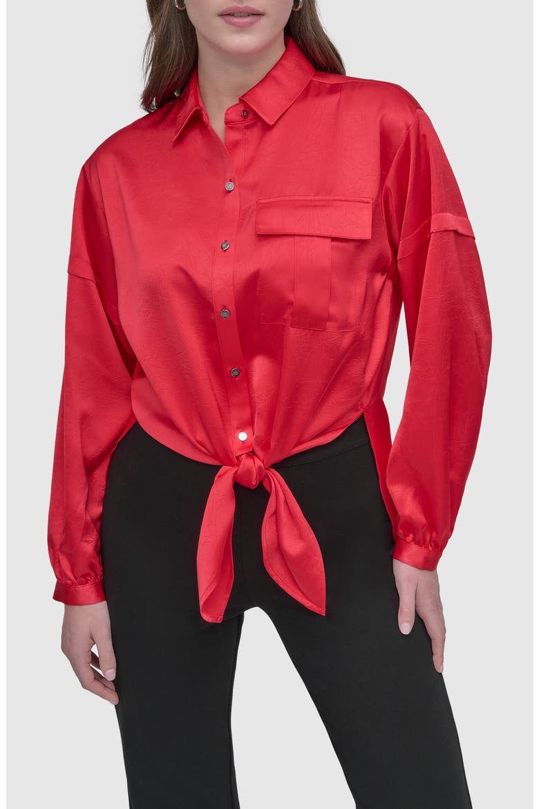 Tie Front Satin Shirt, Main, color, WATERMELON