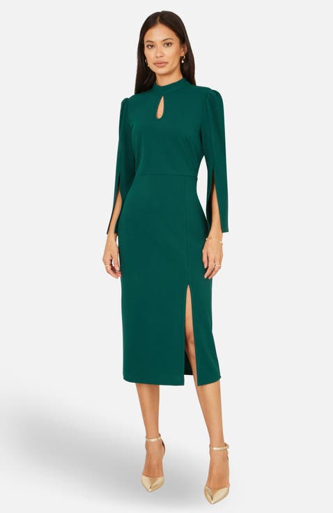 Mock Neck Keyhole Tailored Midi Dress