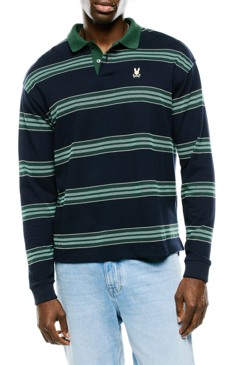 Drew Stripe Long SleevePiqué Polo, Main, color, BARITONE B