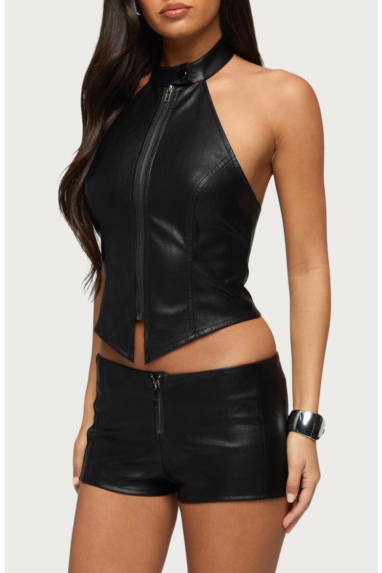Diana Zip Faux Leather Halter Top, Alternate, color, BLACK