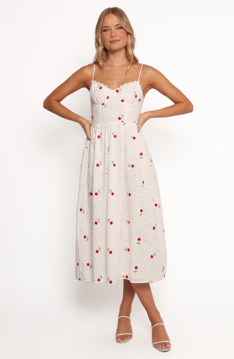 Petal & Pup Paloma Embroidered Eyelet Midi Dress, Alternate, color, White Red Floral