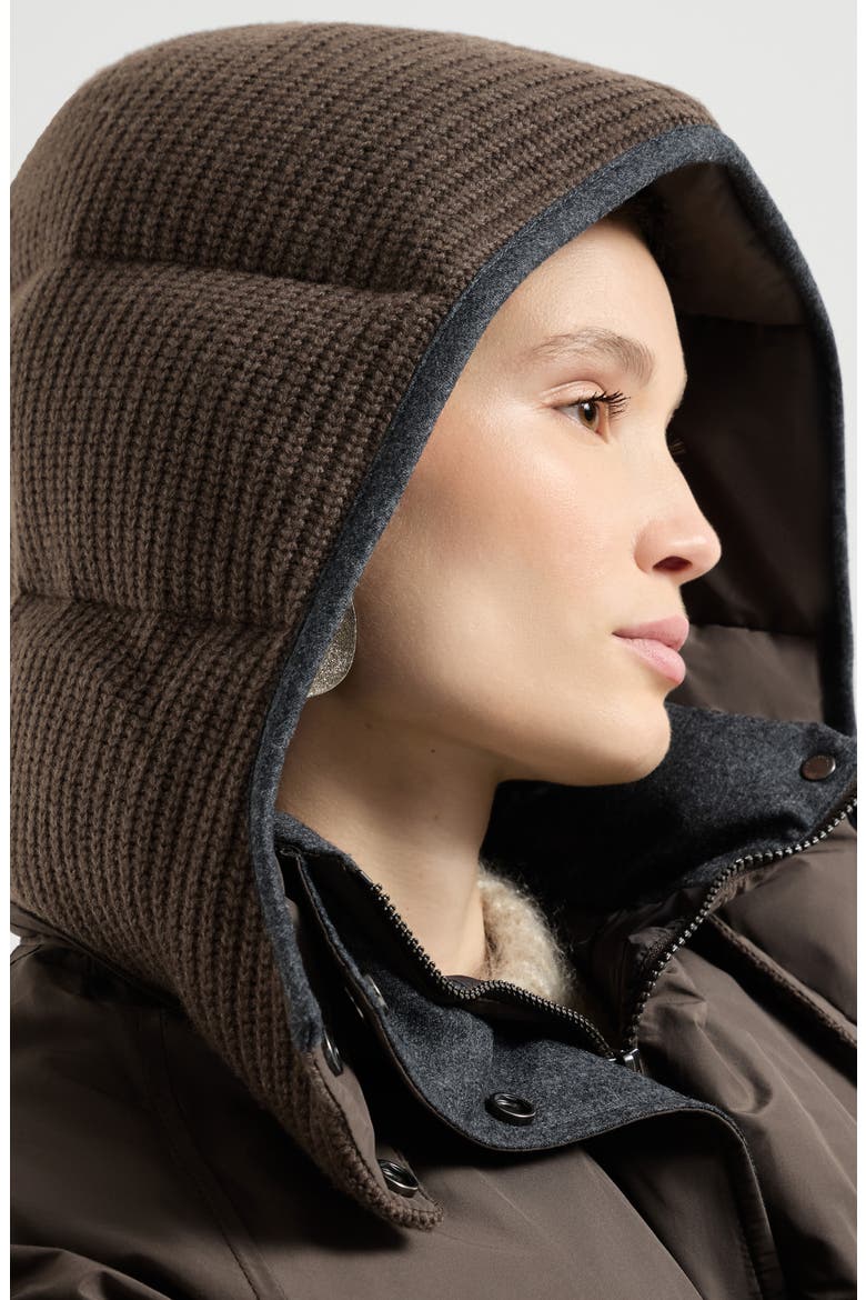 Techno cotton taffeta outerwear jacket with detachable knit hood and shiny zipper pull, Alternate, color, Brown