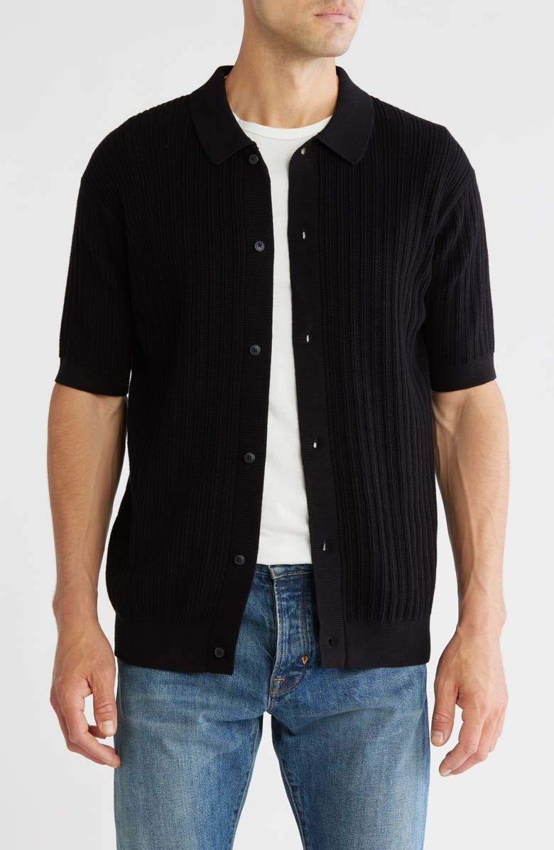 DENIM AND FLOWER Textured Crochet Short Sleeve Shirt, Main, color, Black