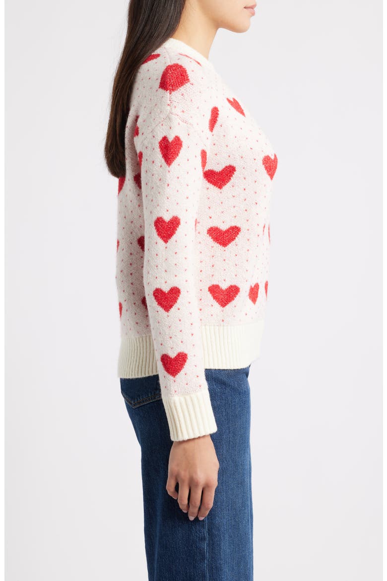 Jacquard Heart Crewneck Sweater, Alternate, color, IVORY PRISTINE- RED HEART