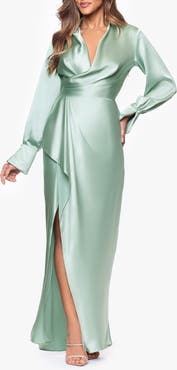 Xscape Evenings Collar Long Sleeve Satin Gown
