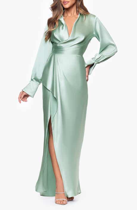 Collar Long Sleeve Satin Gown