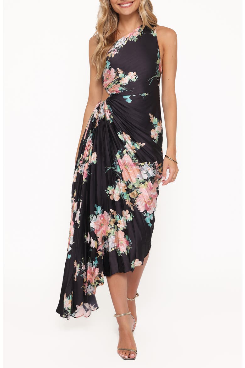 Kleo Pleated One-Shoulder Maxi Dress, Main, color, BLACK FLORAL