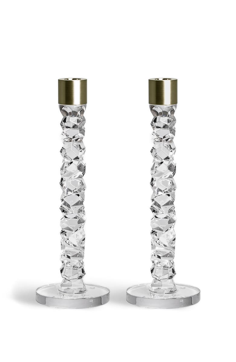 Orrefors Carat Set of 2 Large Crystal & Brass Candlesticks, Main, color, Crystal/ Brass